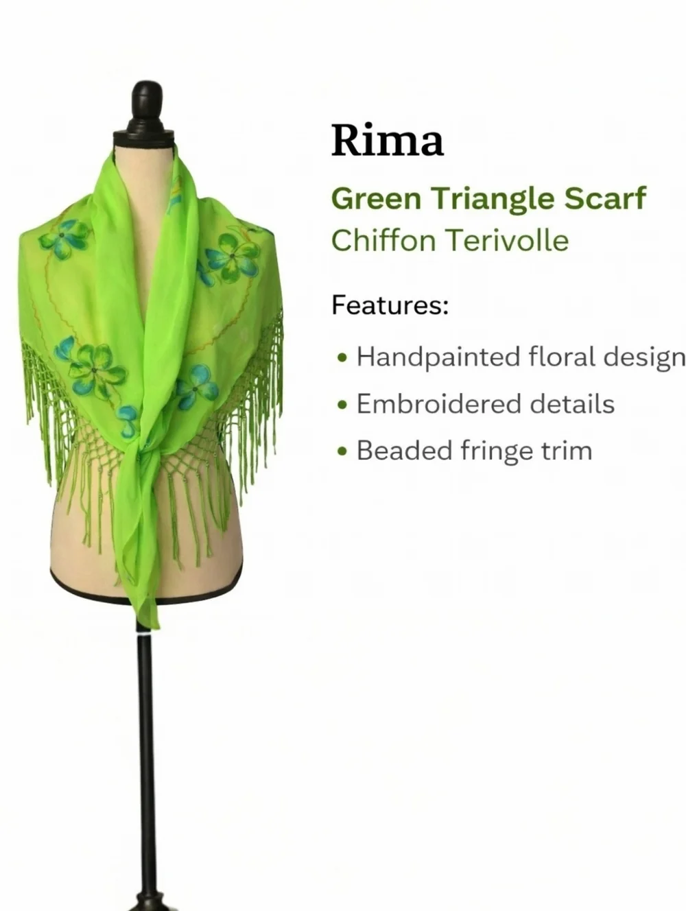 Rima Handpainted Green Floral Triangle Scarf Chiffon Terivoile Fringe